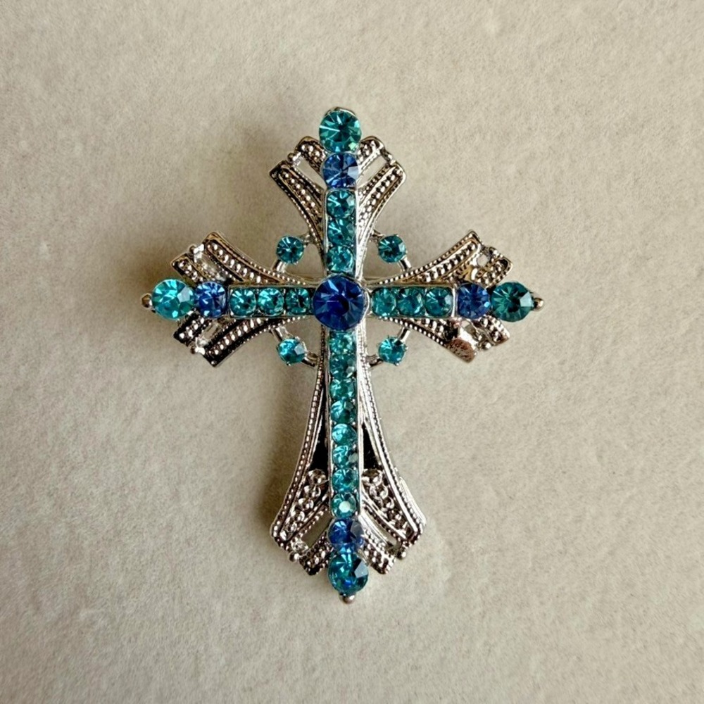 Cross Brooch Pendant 2 in 1 Blue Rhinestone Silver Tone Religious Jewelry Pin